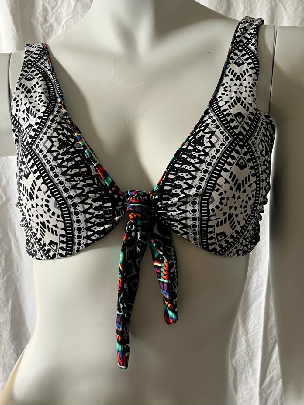 Tie-Front Reversible Bikini Top in Multicolor Paisley/ Black and White